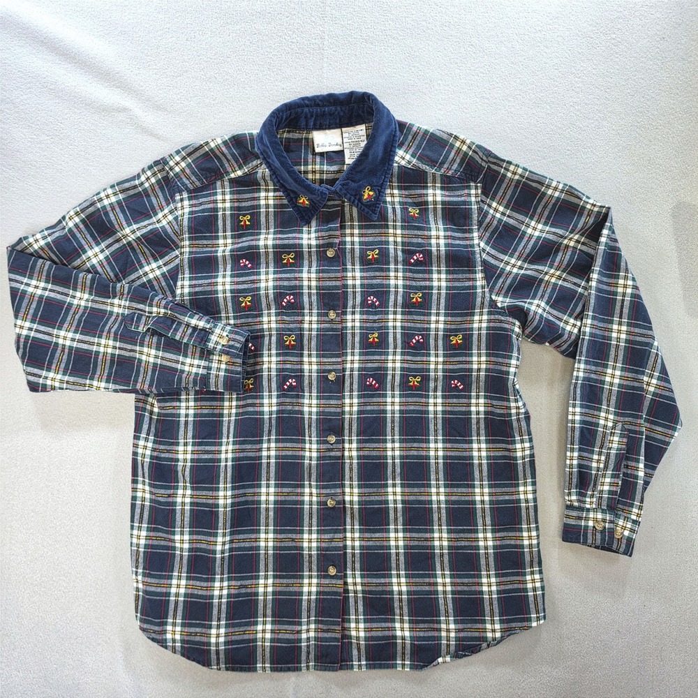 Vintage Bobbie Brooks Christmas Grandmacore Plaid Shirt XL Cotton Holiday Navy